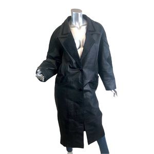Vintage Women’s Pelle Black Trench Leather Long Coat Black Embossed Suede Trim